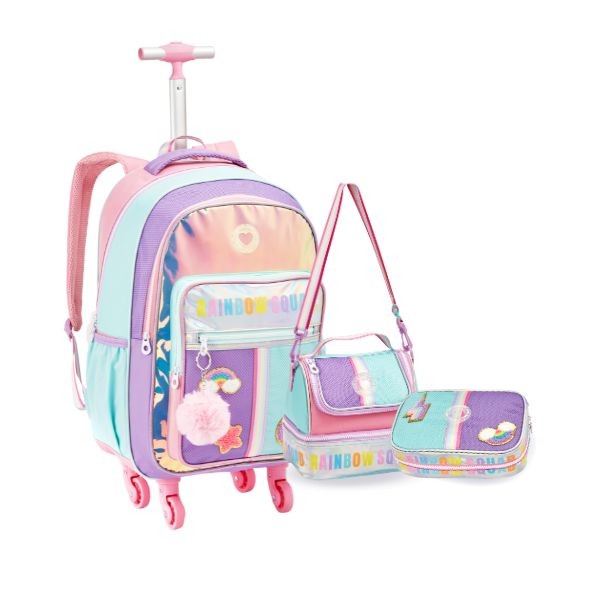 Kit Mochila Rodinha Love Colorida Com Chaveiro Emo