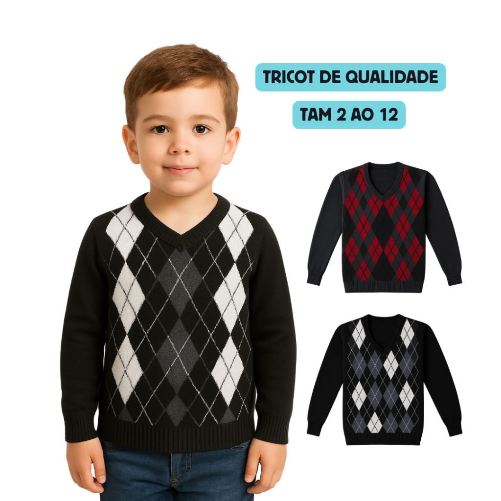 Blusa de Lã Tricot Infantil Juvenil Menino Tamanho 2 a 12 Gola V Estampa Escocesa