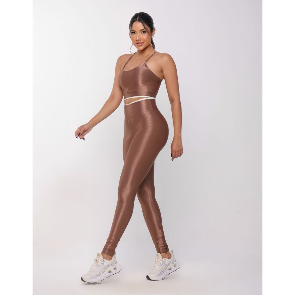 Conjunto Fitness Canelado Feminino de Calça Legging + Top Cropped Para Academia