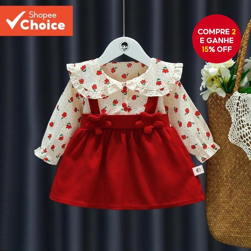 Vestido Floral Vermelho Para Bebê  Roupa Falsa De Manga Comprida De Duas Peças , Roupas Infantis De
