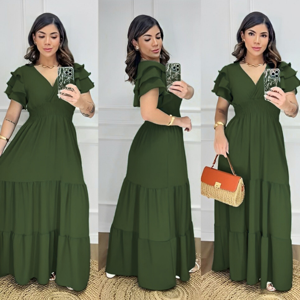 Vestido Longo Feminino Festa Casamento Formatura Batizado Duna Premium Manga Babado