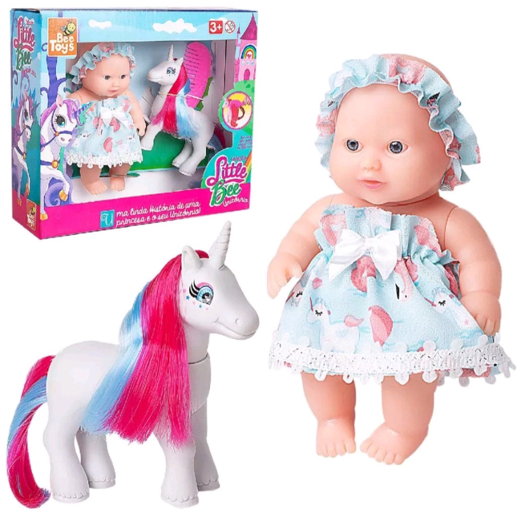 Brinquedo Boneca Pequena Little Bee e Unicórnio Colorido 14cm – Bee Toys