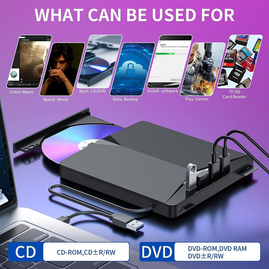 7 Em 1 Gravador Leitor Cd Dvd Externo Usb3.0 Pc Notebook Compatível Mac Alta Velocidade