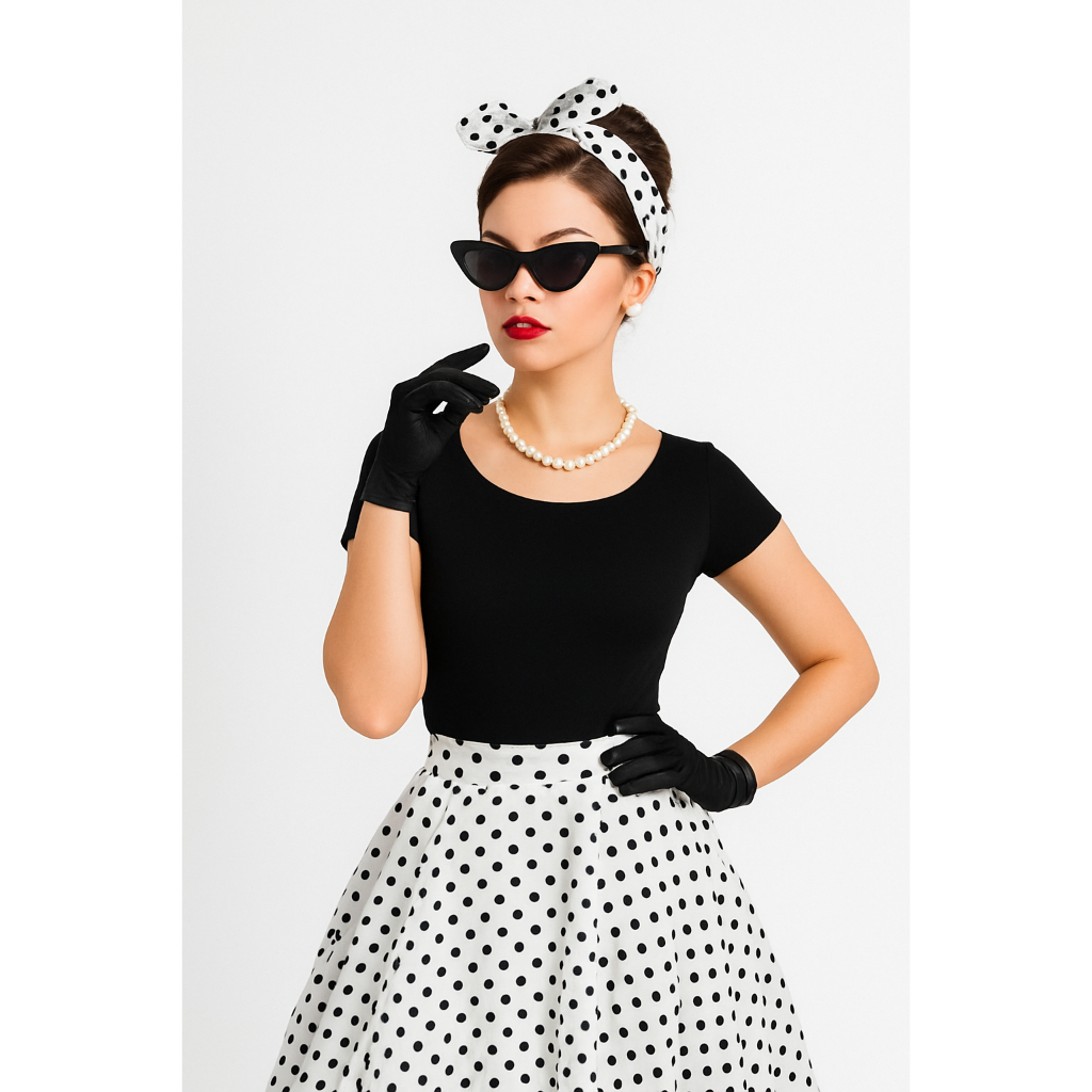 kit Fantasia anos 50 Saia Bolinha Óculos Luva Colar Brinco  e Lenço Feminino Adulto Anos 60 Retro Go