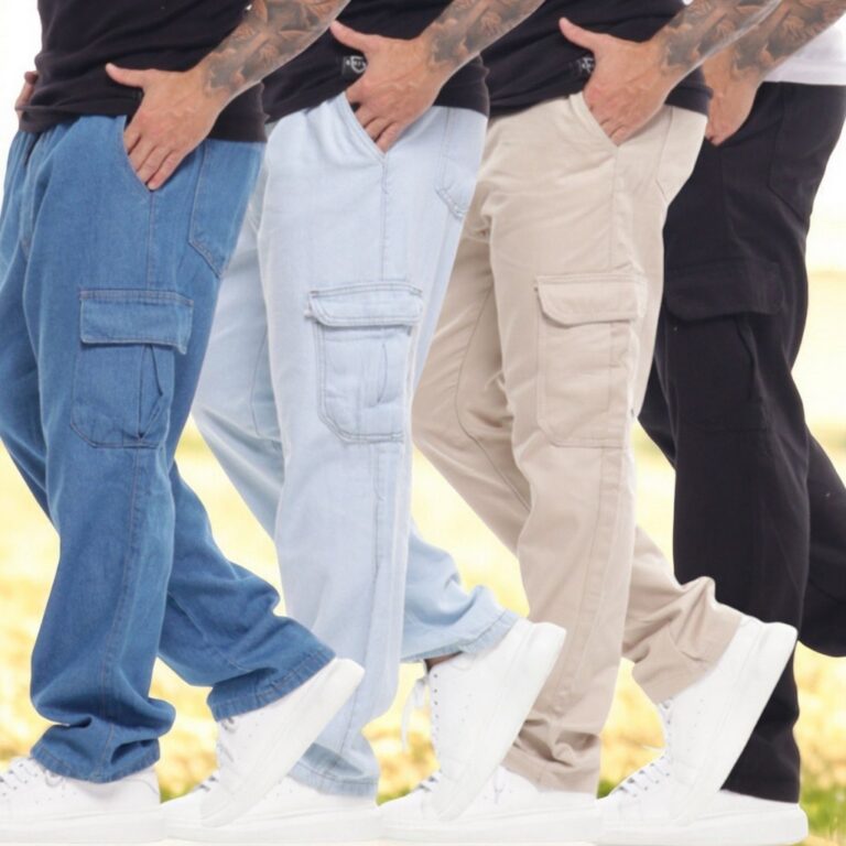 Calça Cargo Unissex Material de Sarja Boca Larga 