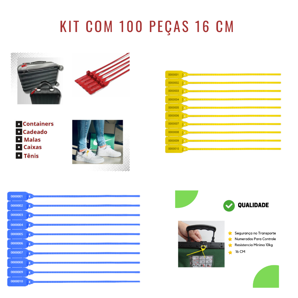 Kit 100 Lacres 16cm Numerado Segurança Malote  Uso Hospitalar Malas Viagem Bolsa – Varias Cores
