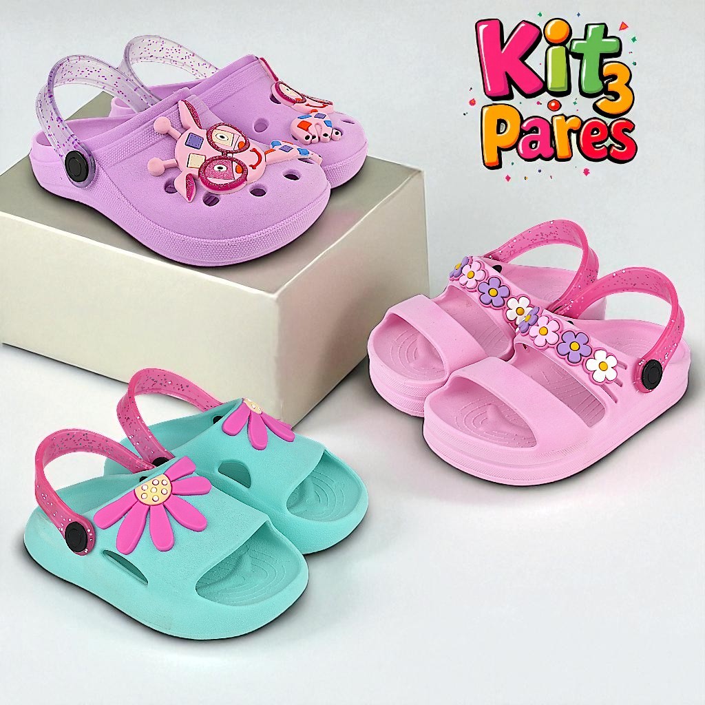 Kit 3 Pares Sandália Babuche Infantil Menina Criança Confortável