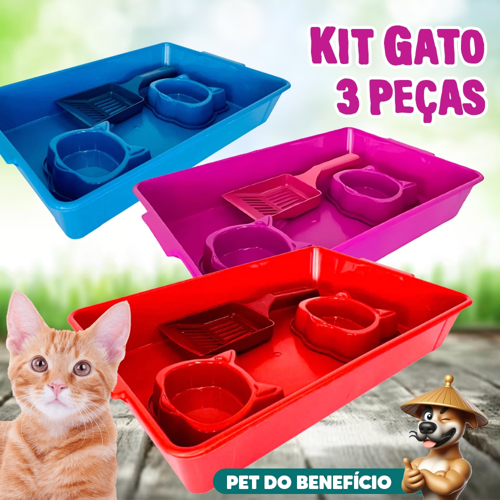 Kit Caixa de Areia para Gatos Bandeja + Comedouro Duplo + Pá Higiênica