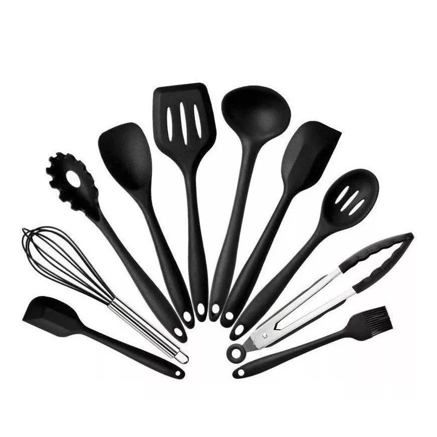 Jogo 10 Colheres De Silicone Utensílios Cozinha Cabo Inox