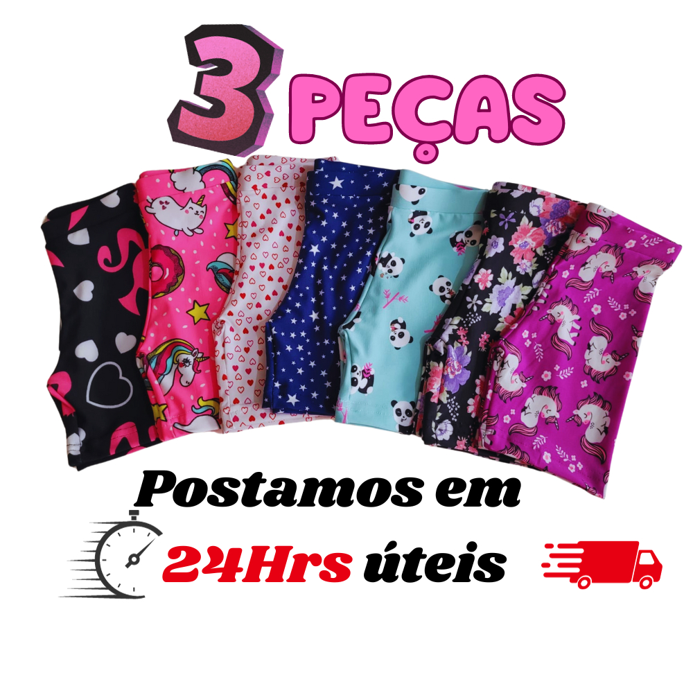 Kit 3 Shorts legging Infantil bermuda para crianças em Suplex cores sortidas estampadas