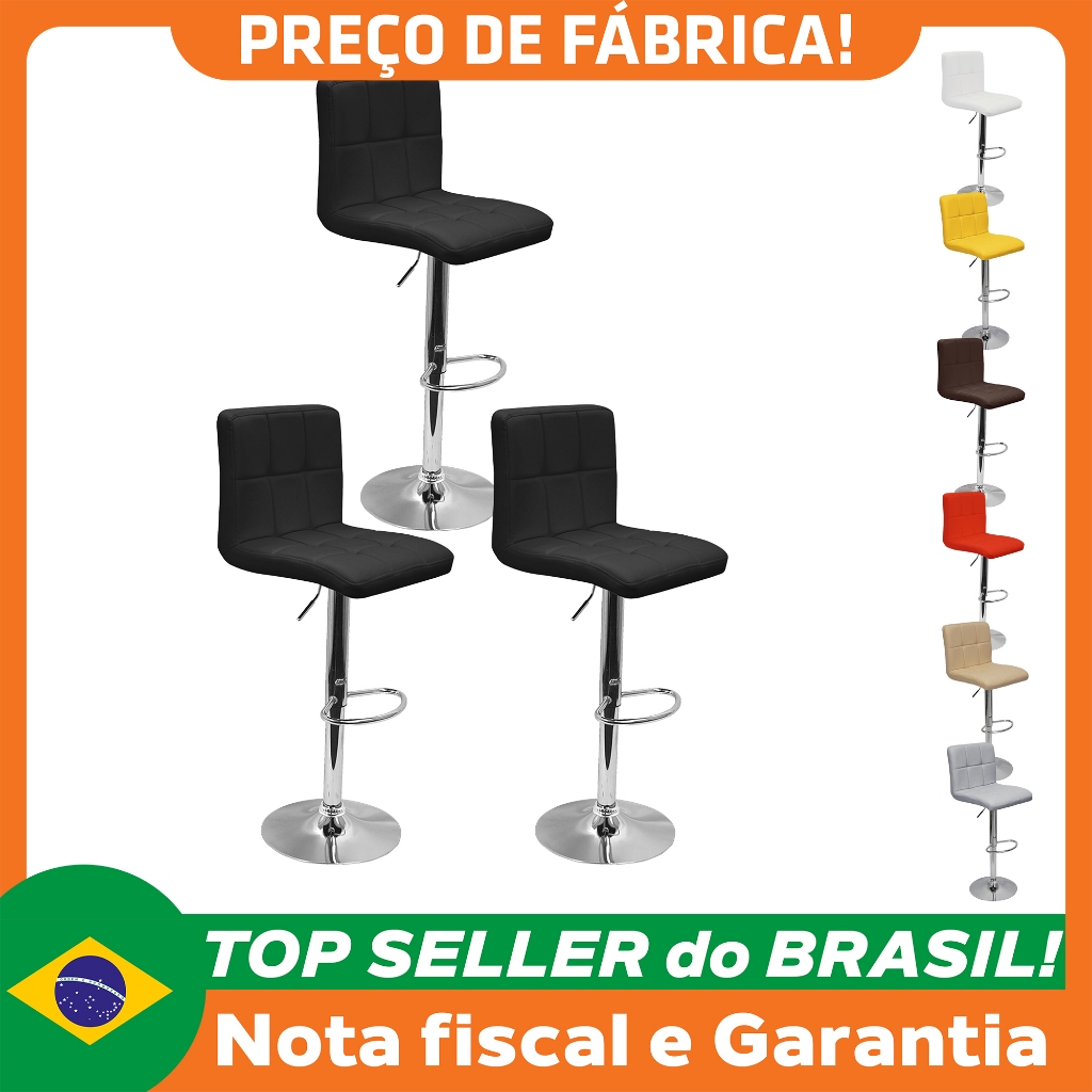 Kit 3 Banquetas Confort Gomos Estofada Couro Giratória c/ Regulagem