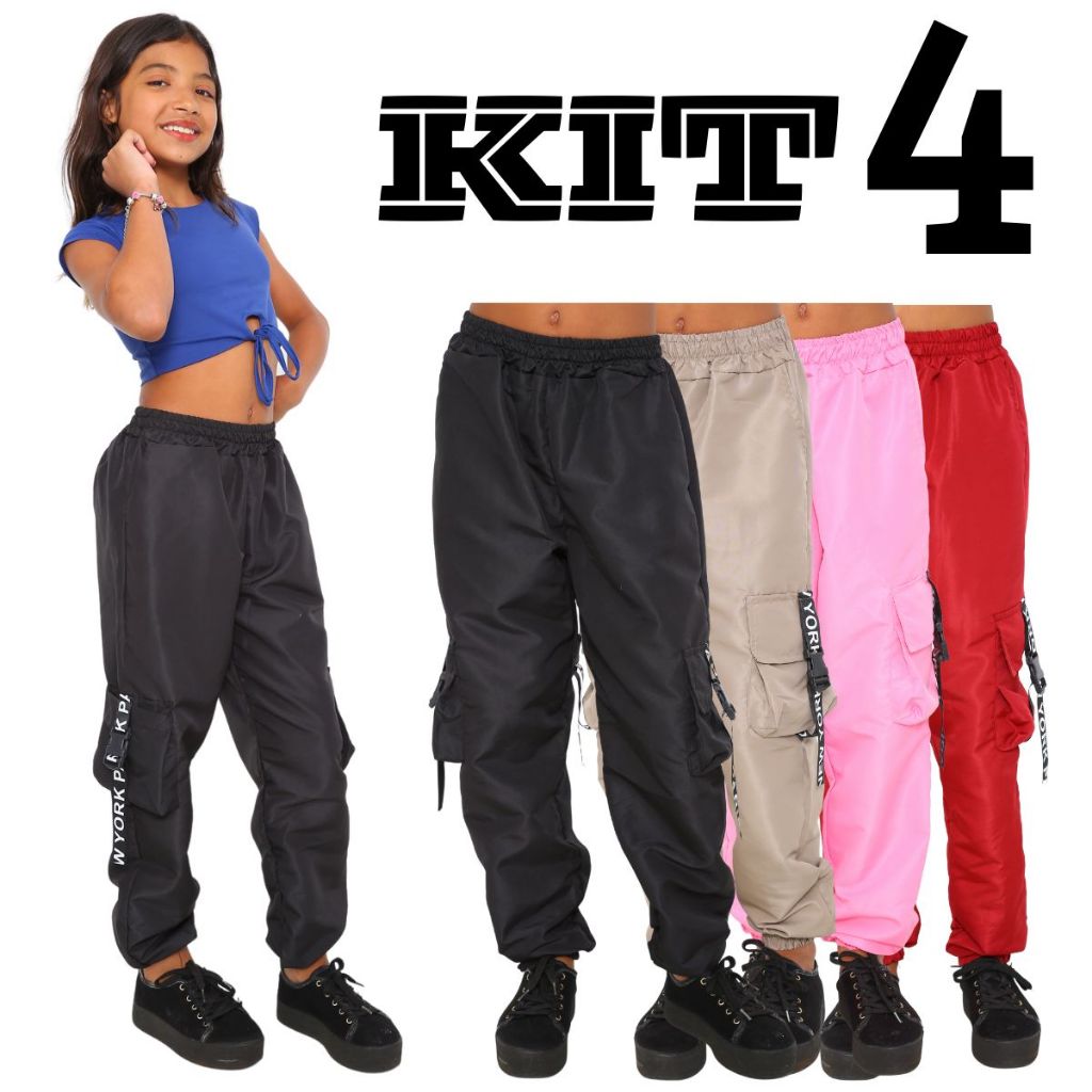 PROMOÇAO KIT 4 Calça Feminina Infantil Para Meninas Estilosas Calça Cargo Jogger 4 Bolso Tecido Tact