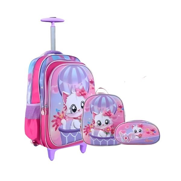 Kit Mochila Rodinhas Infantil Escolar Gatinha