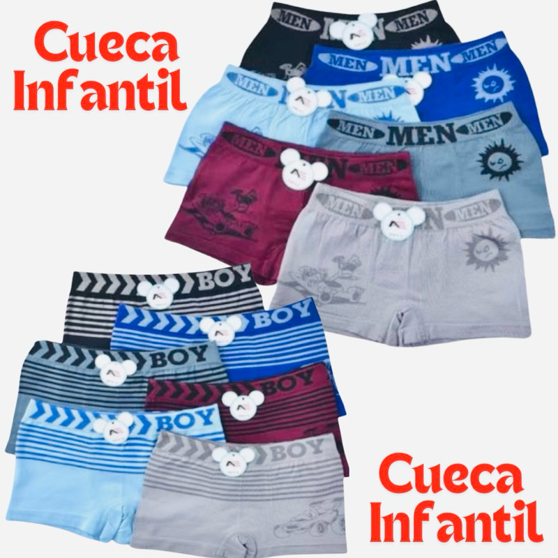 Kit 9/6 ou 3 Cuecas Boxer Infantil Masculina Tecido Confortável Cores Sortidas