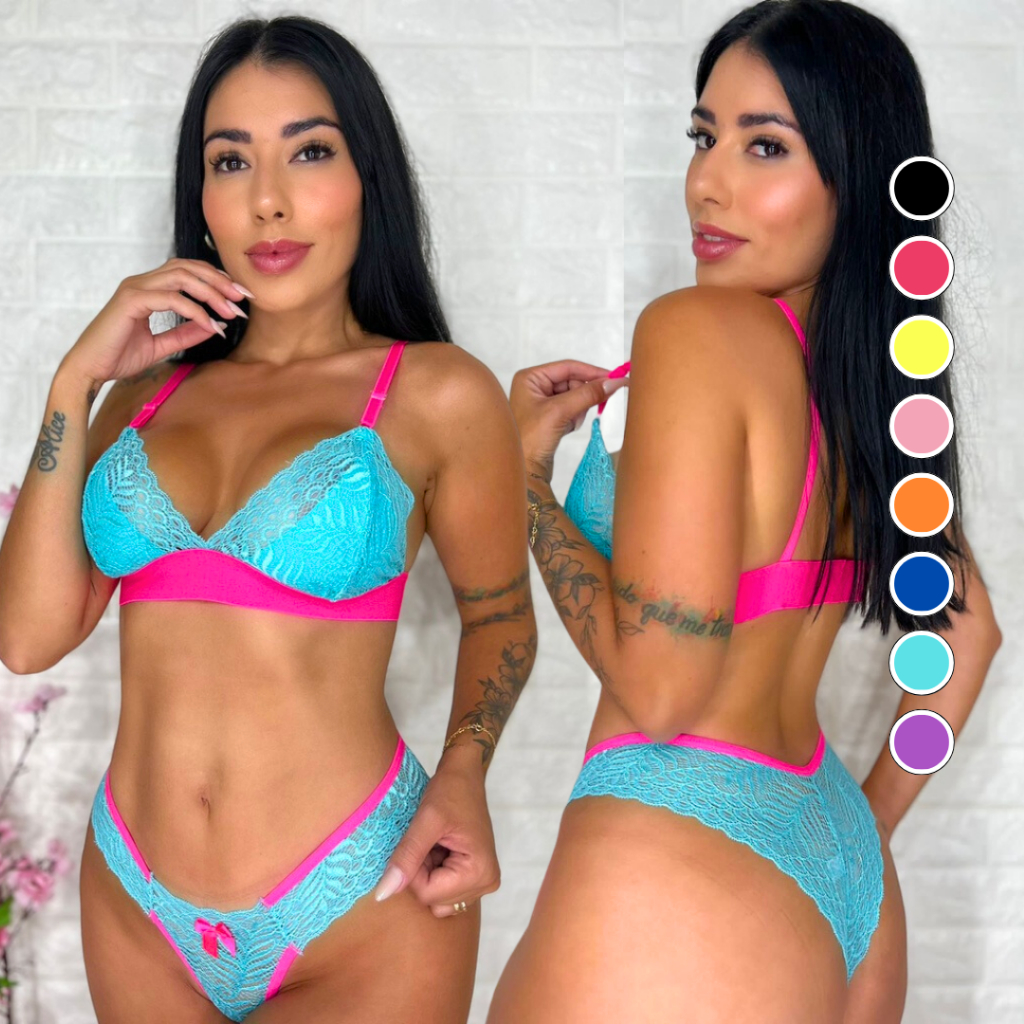 Conjunto Neon Renda Bicolor Feminino Rendado Lingerie Sexy Sensual Calcinha e Sutiã sem Bojo
