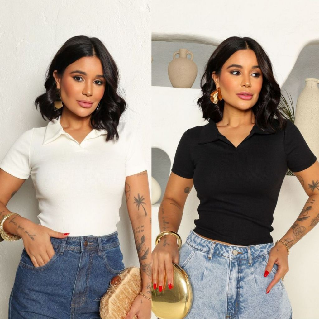 Blusa Feminina Curta Gola Polo Ribana Canelada
