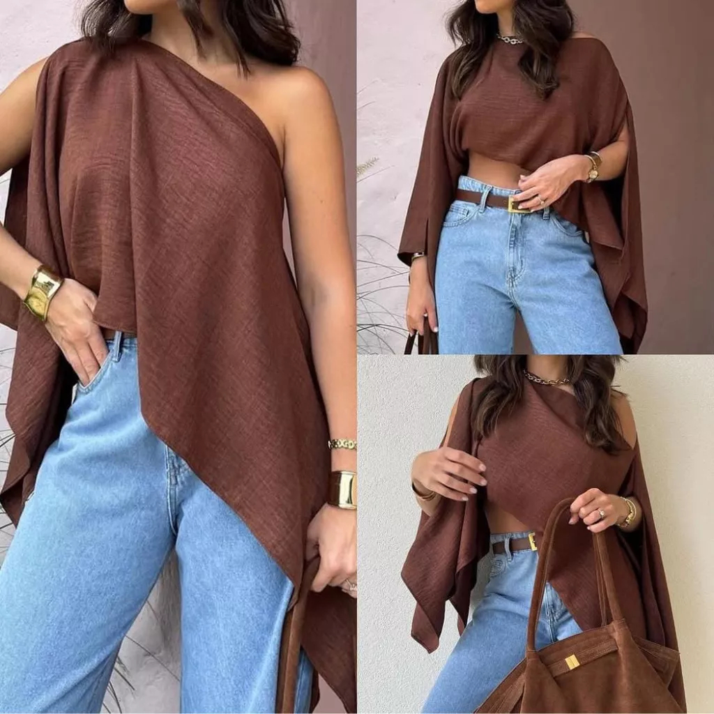 Blusa Capa Ampla Ombro Caído Boho Blusa do Momento na ModaTendência Outono 2025.
