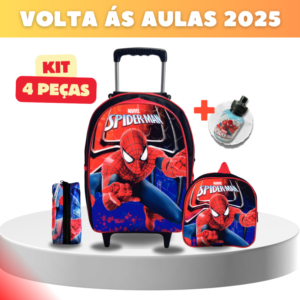 Kit Mochila Lancheira Infantil de Rodinhas Homem Aranha