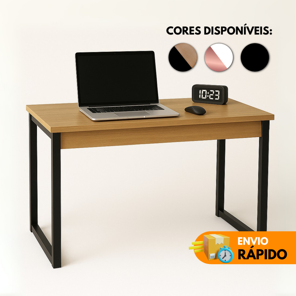 Escrivaninha Mesa Escritório Industrial – Home Office – Madeira – Preto – Branco – Rose Gold – Doura