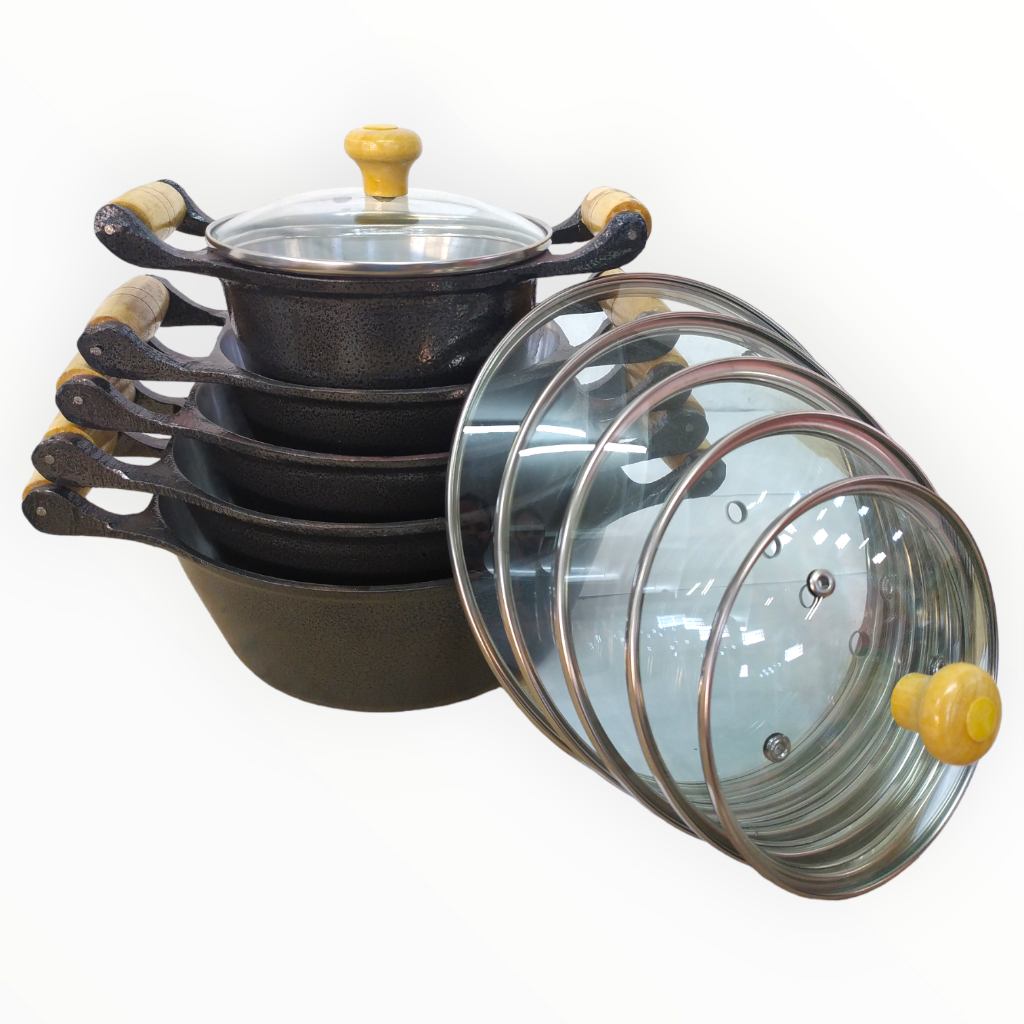 Jogo de Panela Aluminio Batido Preto Com Tampas de Vidro Conjunto Para sua Cozinha