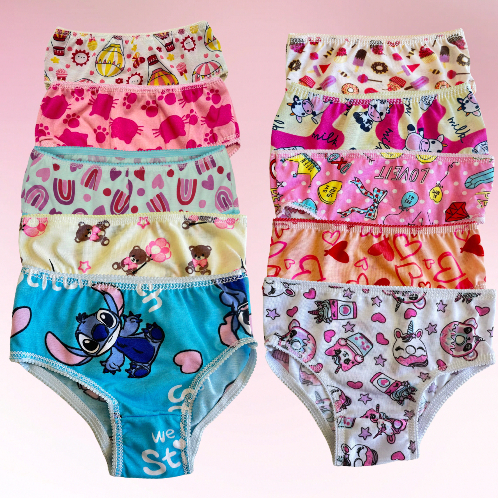 Calcinha infantil kit com 5 e 10 estampas sortidas para meninas de 0 a 9 anos forro algodão