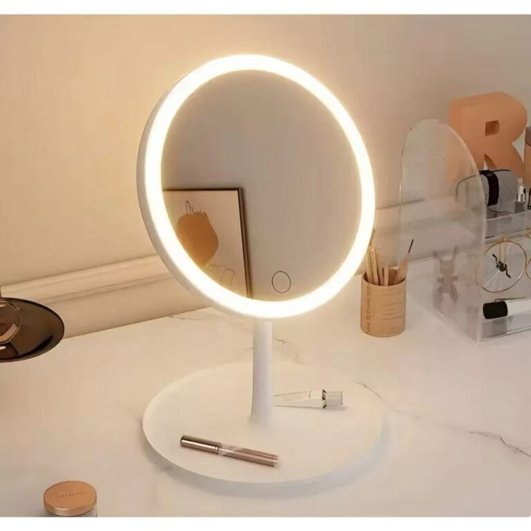 Espelho de mesa redondo com LED três cores e tela