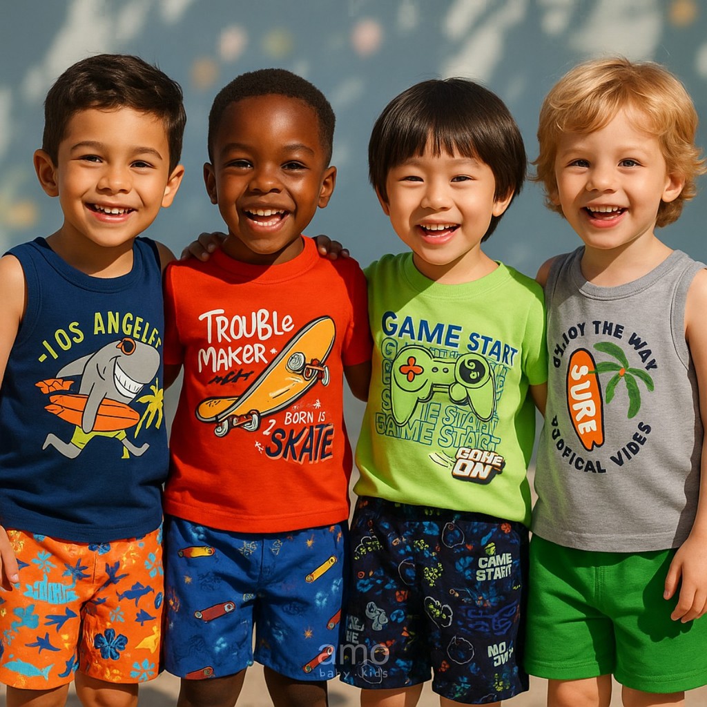 Kit 8 Peças Roupa Menino 4 Camisetas + 4 Bermudas Kit 4 Conjuntos Sortidos Verão Moda Infantil Bebê
