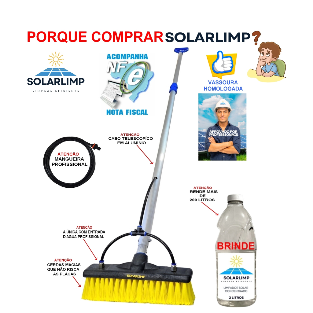 Vassoura para limpeza de placas solar incluso cabo de 2 a 8 metros 2 jatos de água