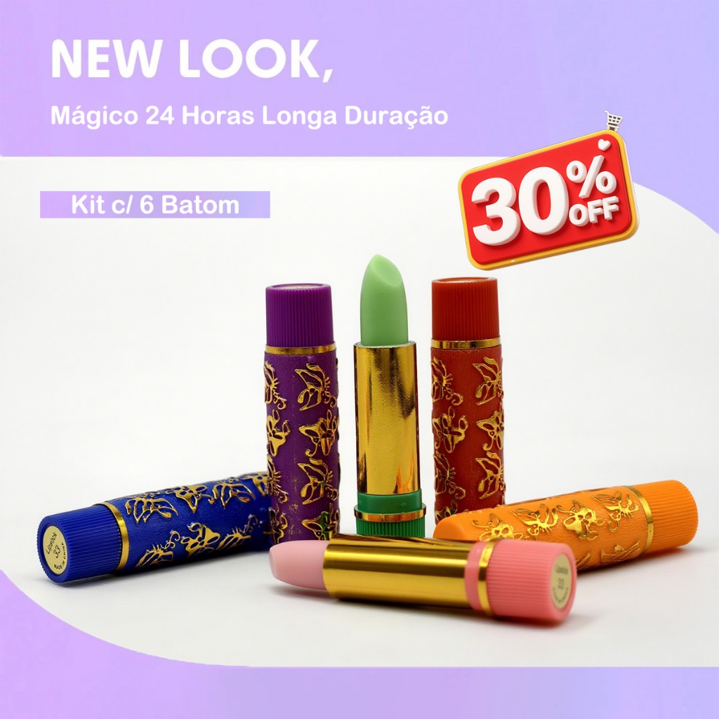 Kit 6 Batons Mágicos 24h Retro – Batom da Vovó Batom Verde que Muda de Cor com PH – Não Sai na Água
