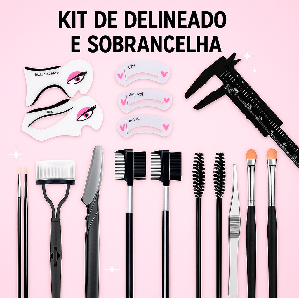 Kit De Sobrancelhas Profissional 17 Peças Paquímetro Pinça Pente Moldes