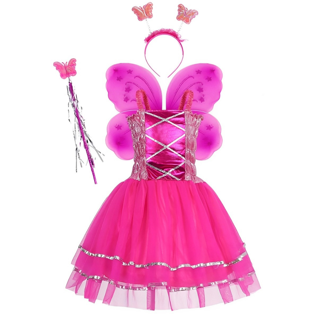 Fantasia Infantil Menina Princesa Vestido Varinha Tiara Borboleta Fada Kit 4pçs Festa Criança