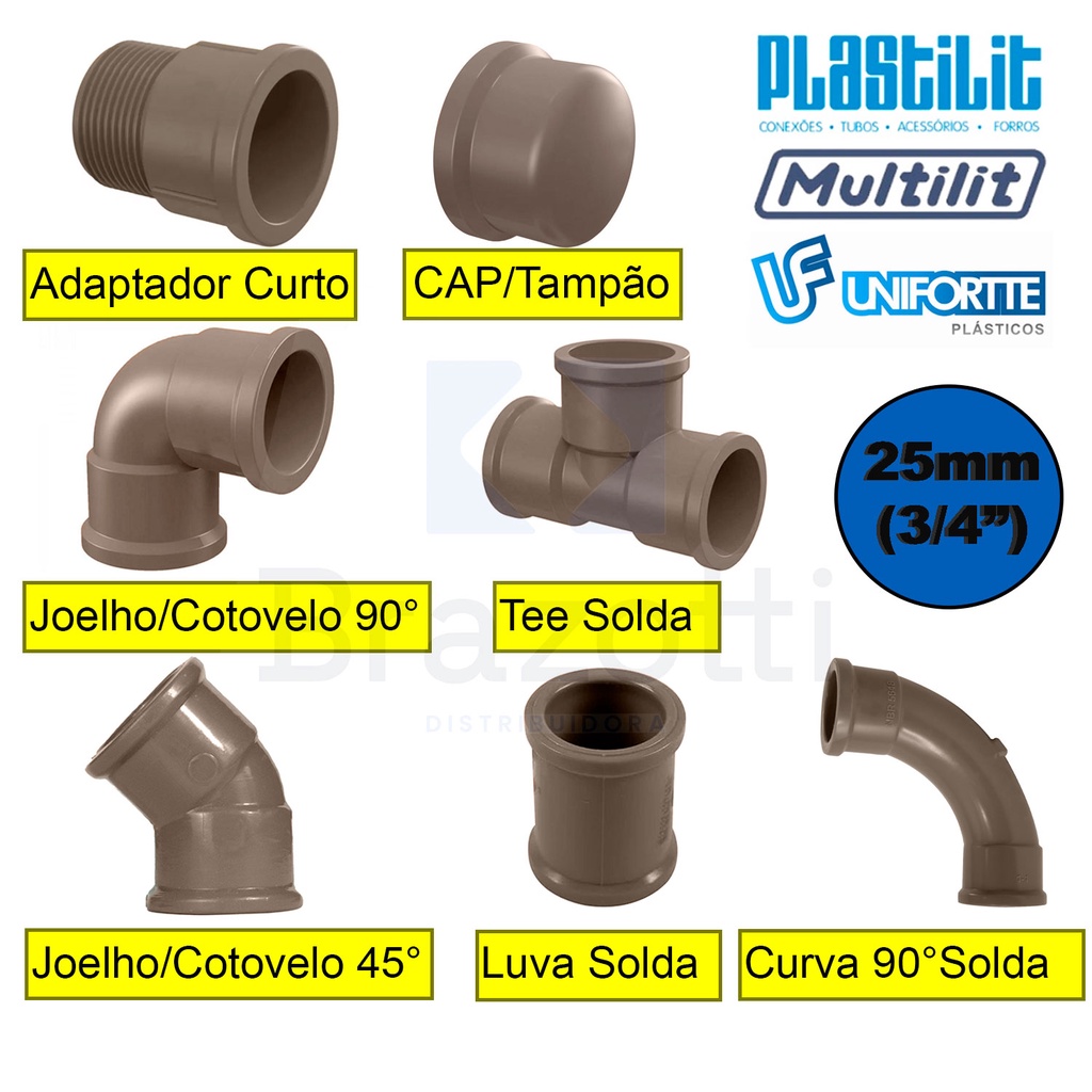 Conexões de Agua Fria 25mm (3/4) Joelho  – Cotovelo – Curva  – Luva – Tee – Caps – Adaptador