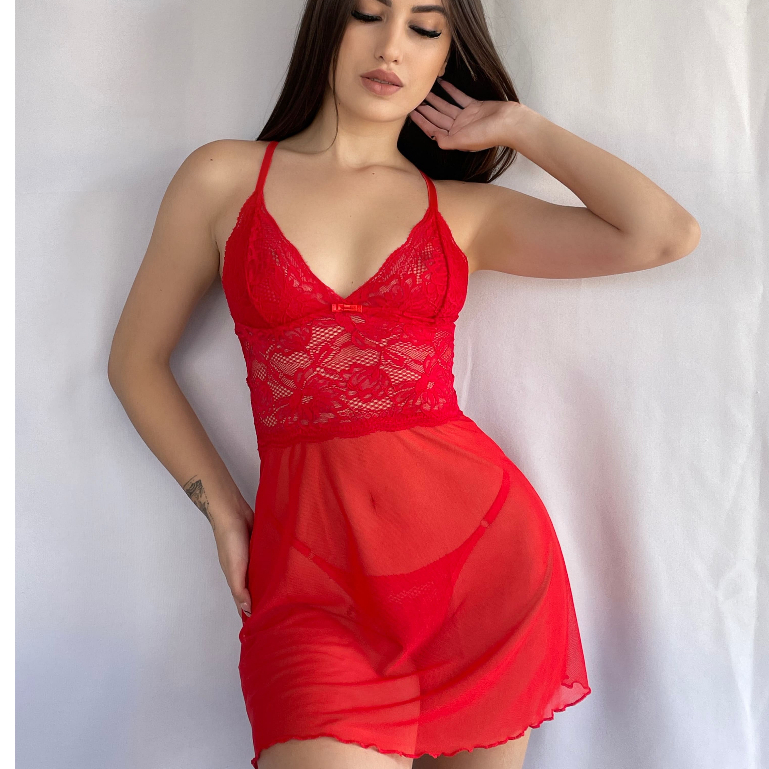 Camisola Sexy Feminina de Tule Curta com Renda Sem