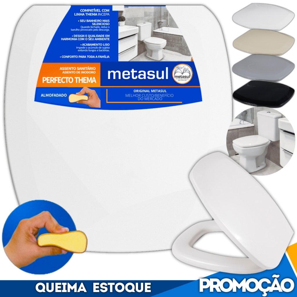 Metasul Assento Sanitário Almofadado Tampa Vaso Thema Incepa 1.6gpf/6lpf Onix Retangular Quadrado