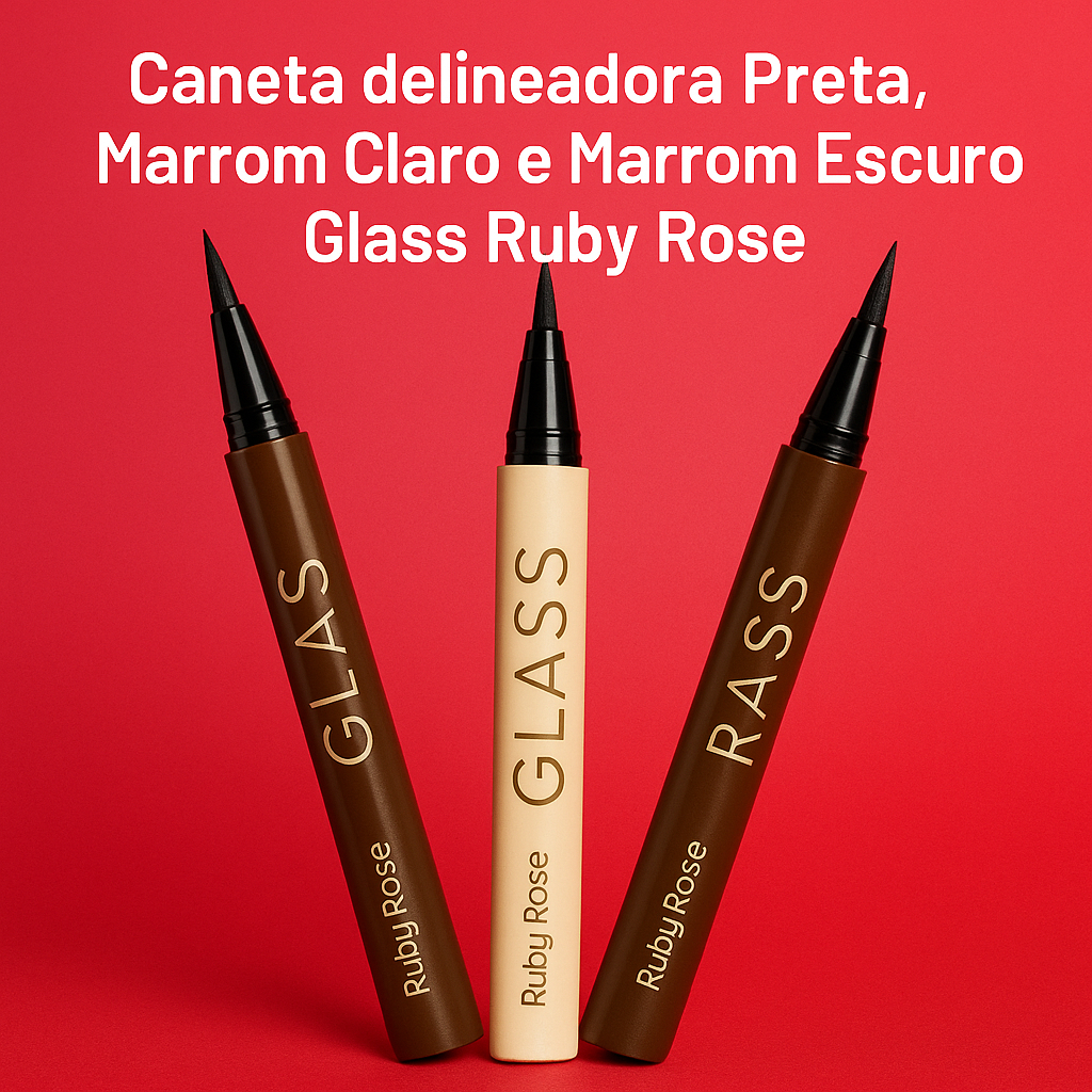CANETA DELINEADORA GLASS Ruby Rose Marrom, Preto Longa Duração Não Escorre Traço Perfeito