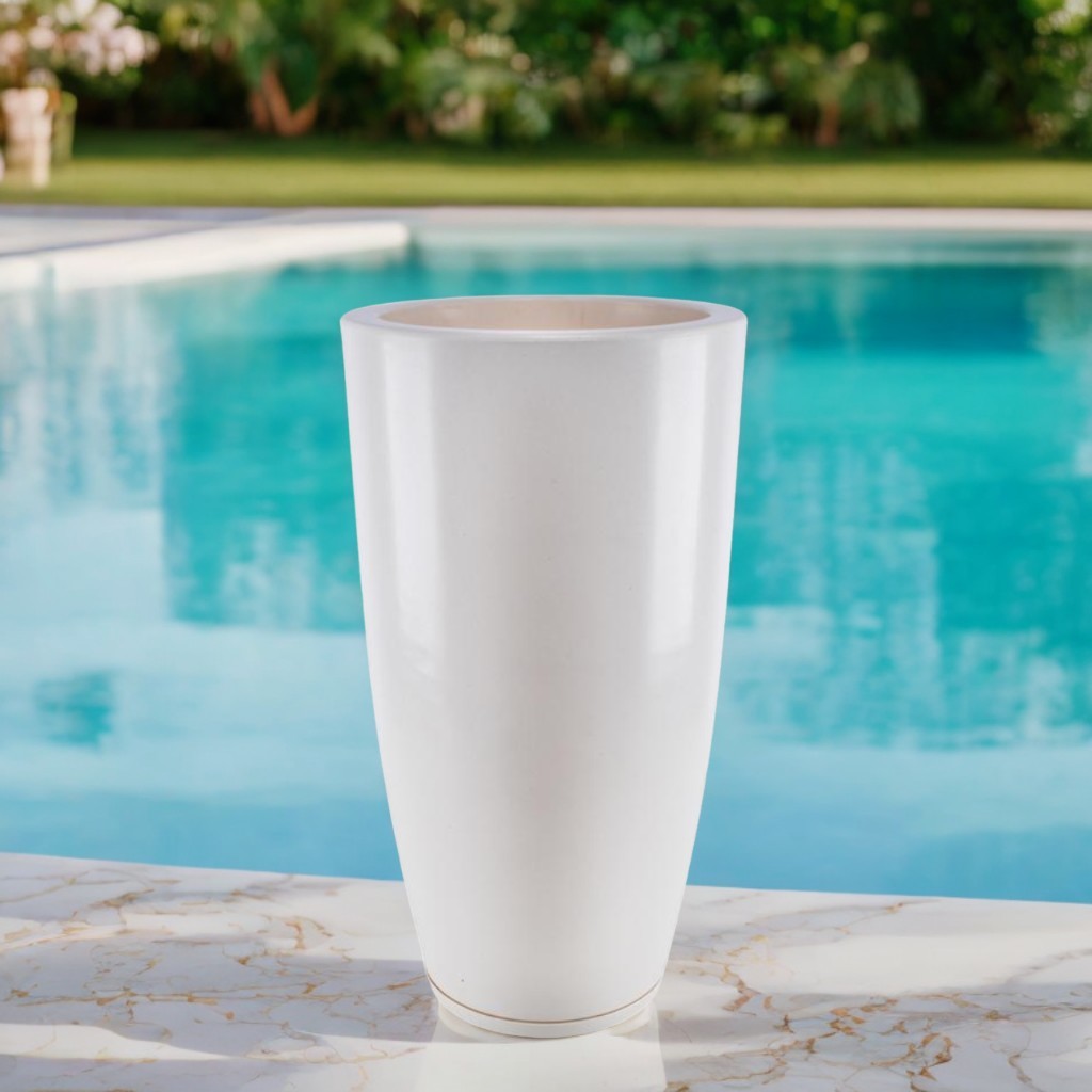 Vaso Grande Liso Para Plantas Coluna Redonda Polida E Marmorizada C/ Prato N4