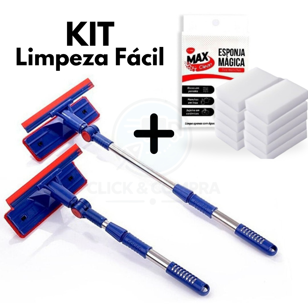 KIT Rodo Limpa Vidro e Janela Extensível + Esponja Mágica de Melamina Bucha Limpa Pesado