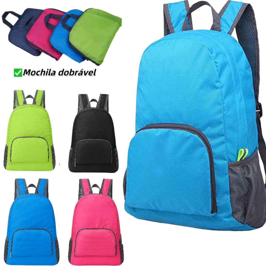 Mochila Saco Esportiva Dobrável Compacta Impermeável Nylon Resistente para Viagem Escola e Academia