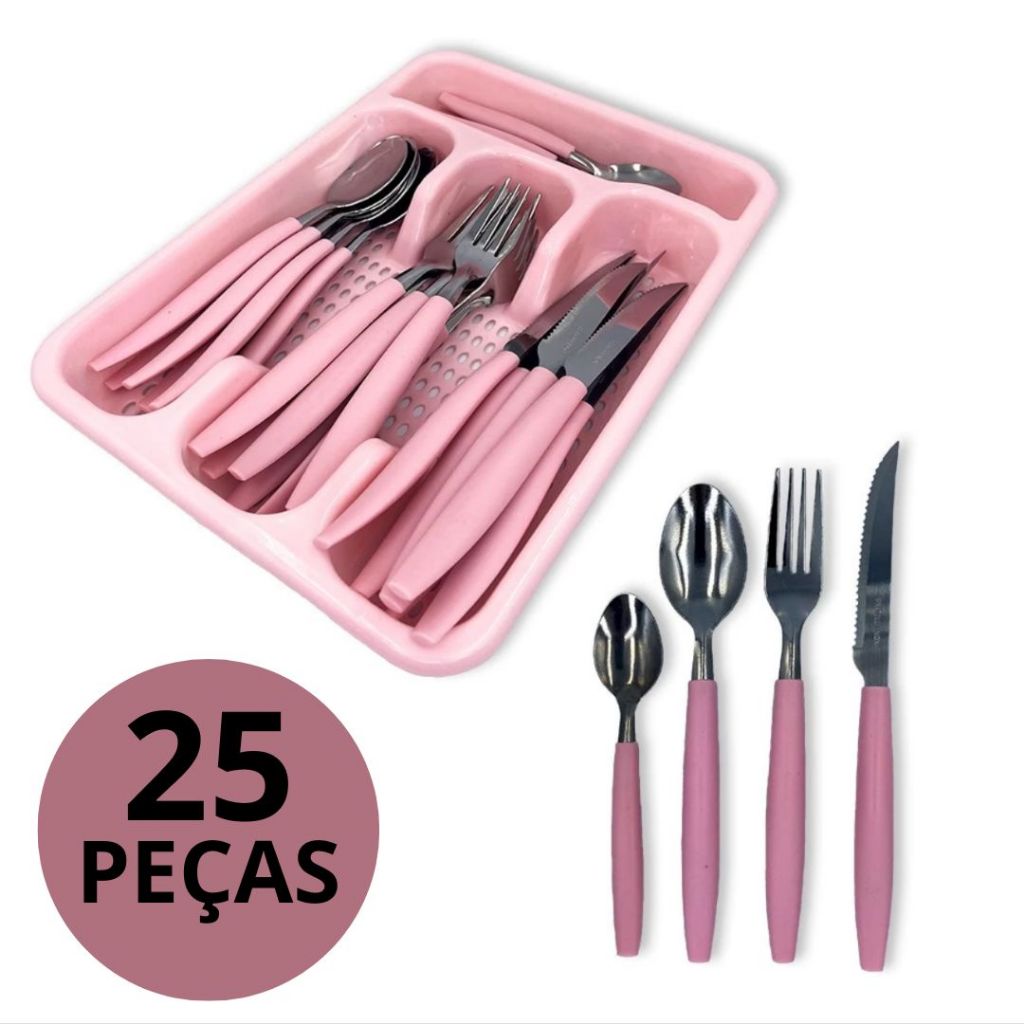 Jogo De Talheres 2, 3 ou 25 Peças Rosa Soft Inox / conjunto de talher / estojo de talher com 2 peças