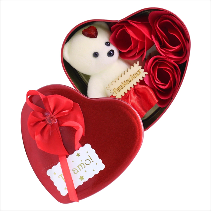 Caixa Coração de metal Com Ursinho e Rosas prese