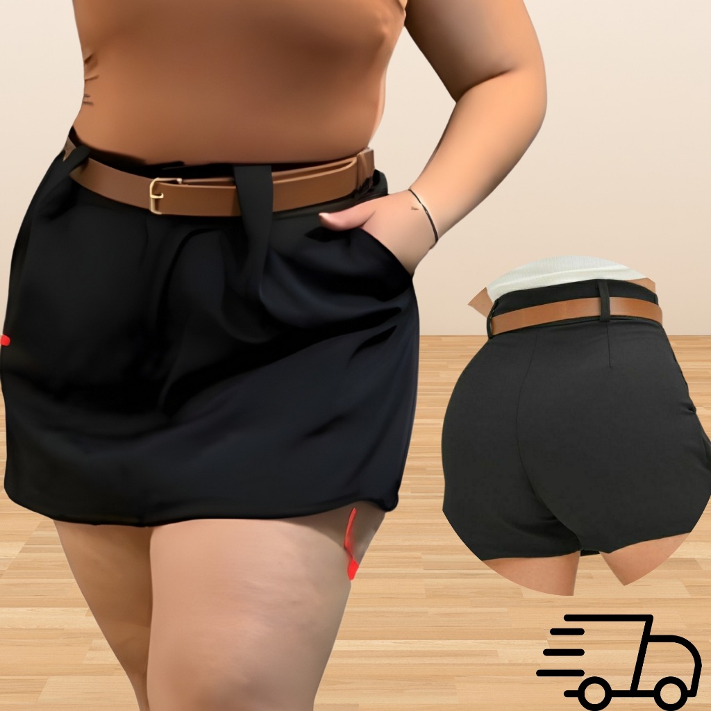 Short Saia Feminina Preto Com Cinto Plus – Para Você Se Sentir Bem