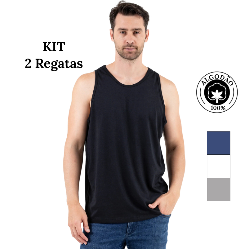 KIT 2 Regata Masculina Básica sem estampa 100% Algodão cores Preto Branco Azul e Cinza