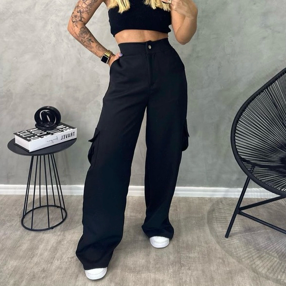 Calça cargo alfaiataria feminina pantalona com bo