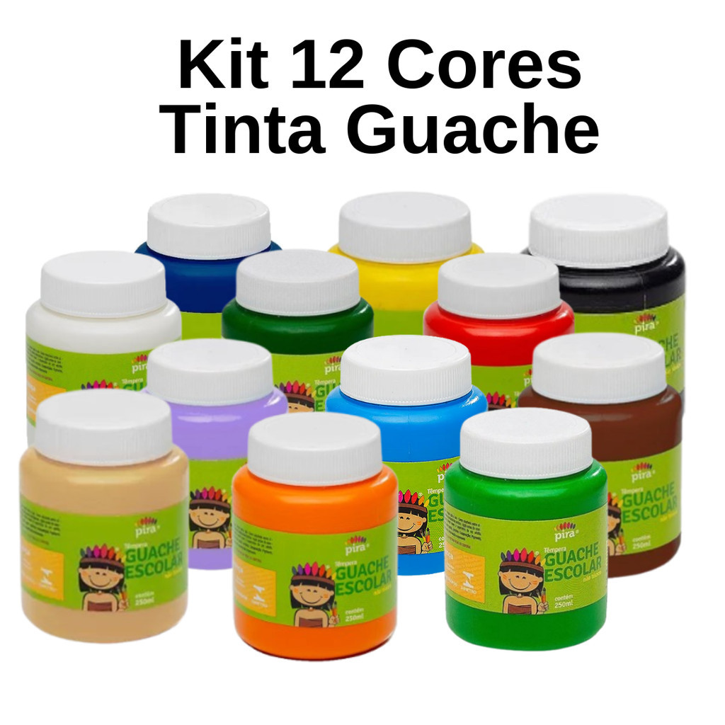 Kit 12 Tintas Guache Cores Variadas 250ml Piratininga