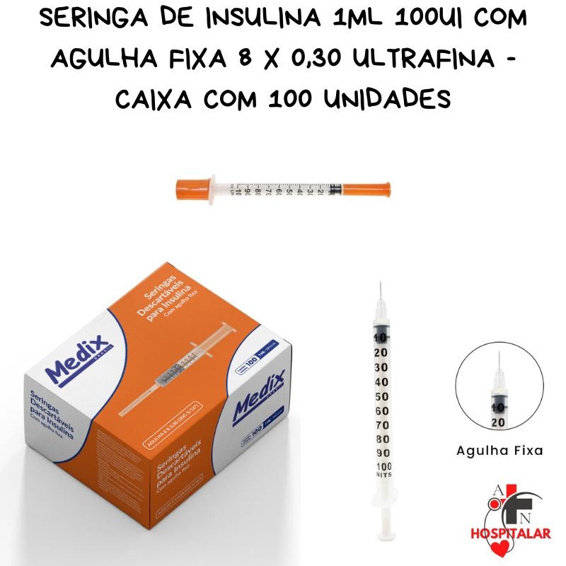 Seringa de Insulina 1ml 100UI com Agulha Fixa 8 x 0,30 – Caixa com 100 un. UltraFina