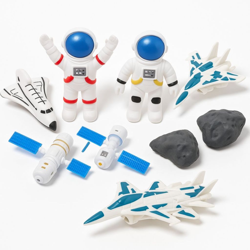 Kit Bonecos Astronautas Espaciais 7 Peças Nave Espacial Satélite