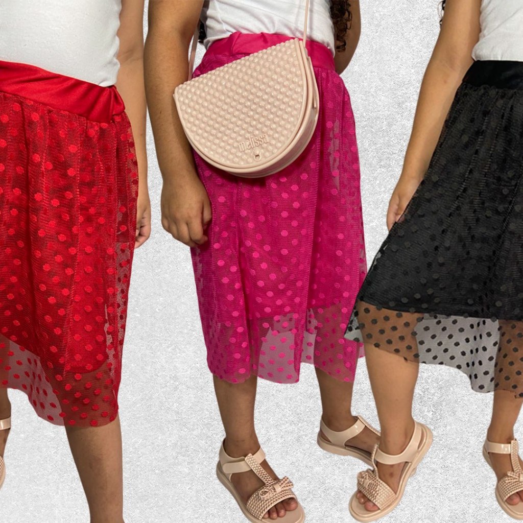 Saia Tule Renda Bolinhas Midi Criança infantil Juvenil Roupa de Festa  Moda Evangelica Infantil.