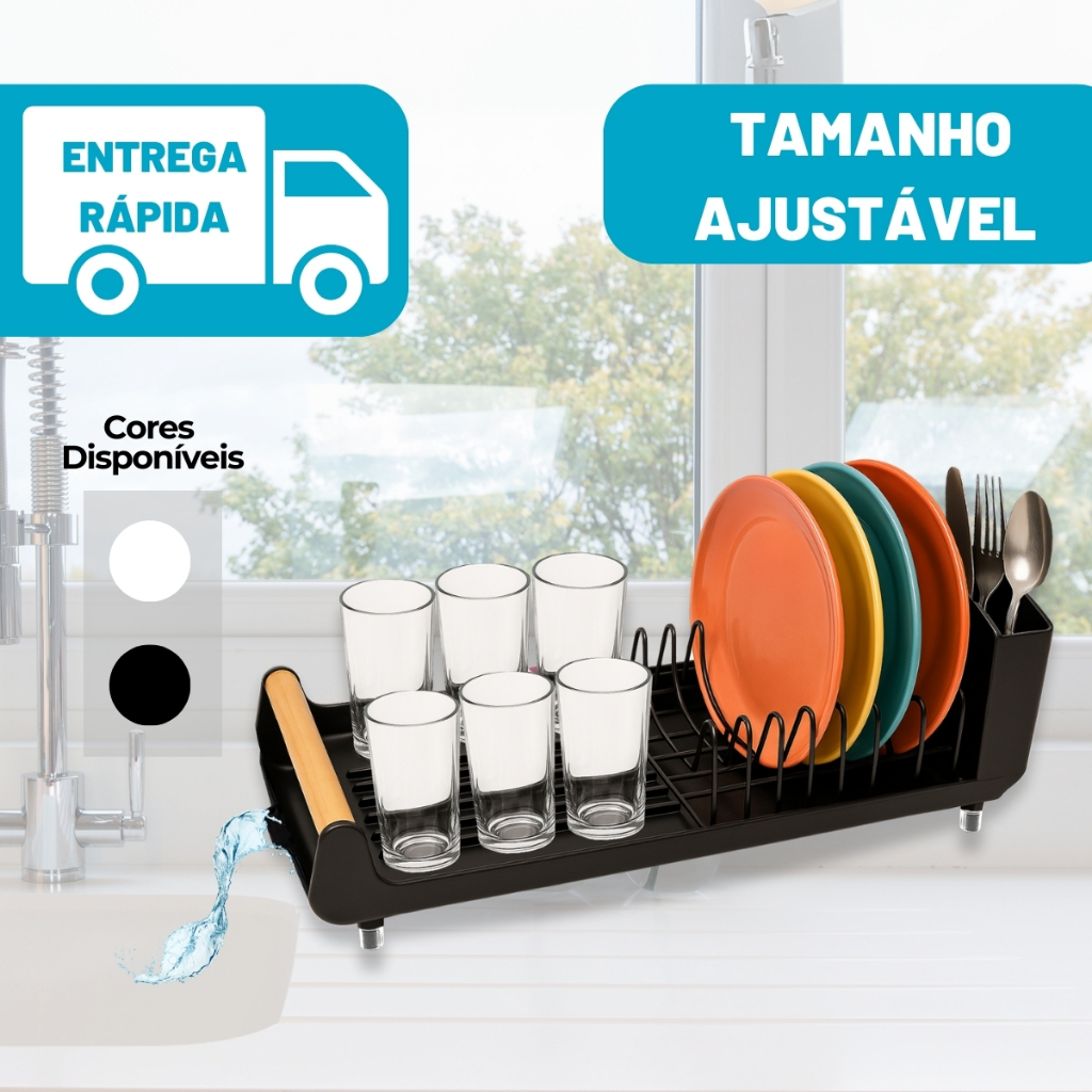 Escorredor De Louça Pratos Copos Talheres Aço Retrátil Compacto Preto