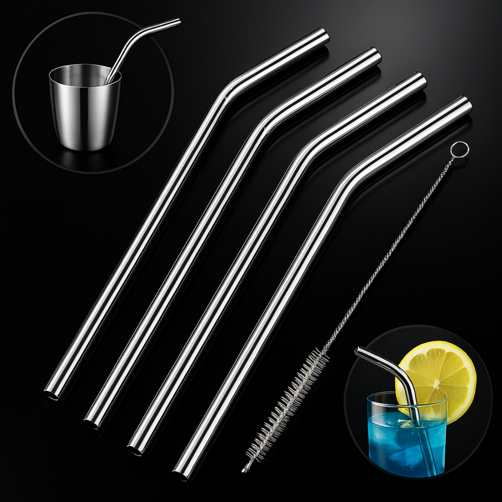 04 Canudo de Aço Inox ORIGINAL Reutilizável e 01 Ecovinha de Limpeza –  ENVIO EM 24 HORAS