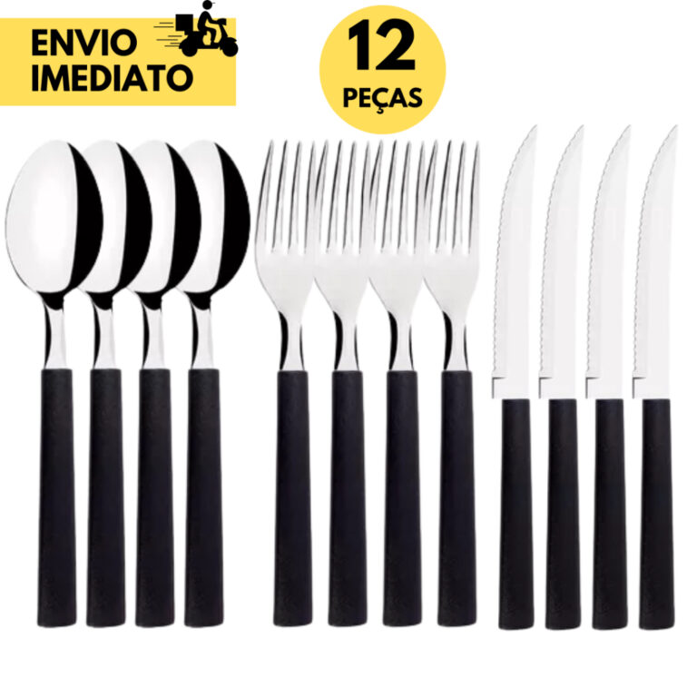 12 Talheres de Inox Cabo Preto 4 Facas 4 Colheres 